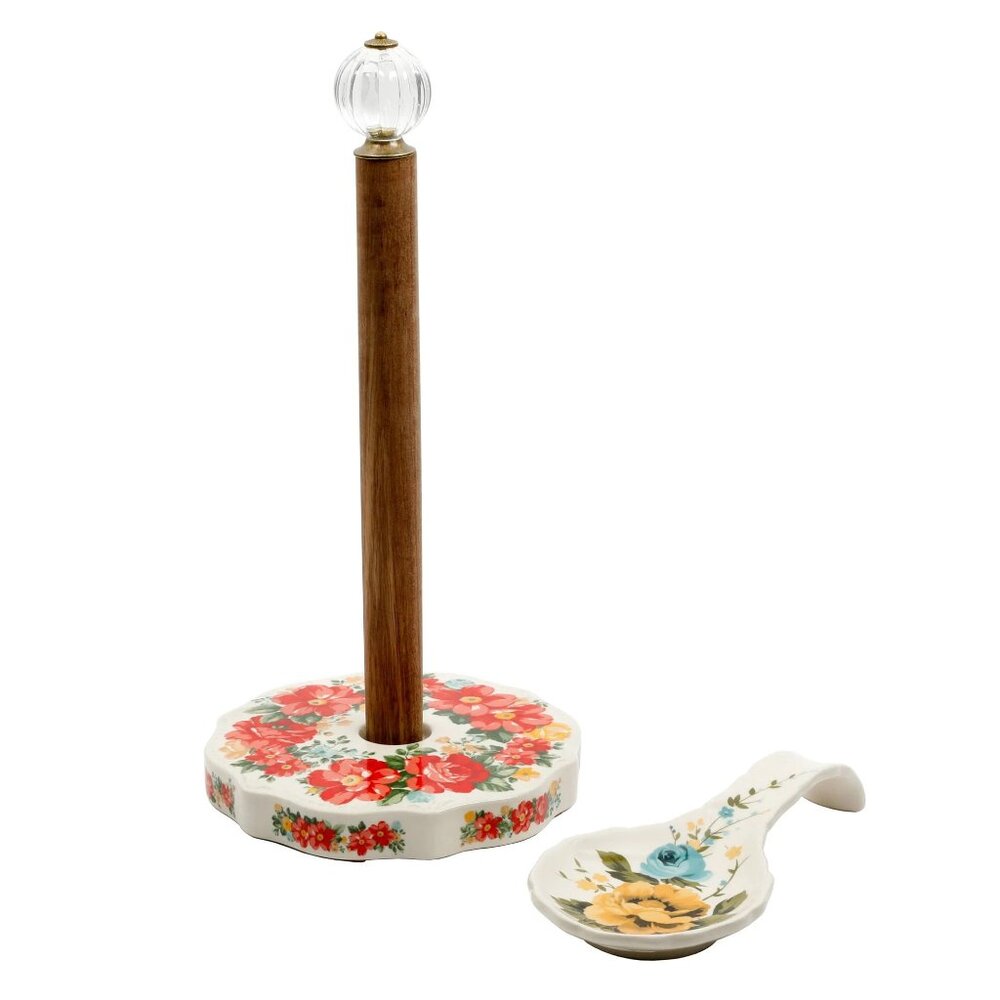 The Pioneer Woman Vintage Floral Paper Towel Holder with Rose Shadow Spoon Rest
